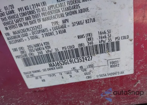 2020 Ford Ecosport Se z USA, uszkodzony, nr VIN MAJ6S3GL9LC352427